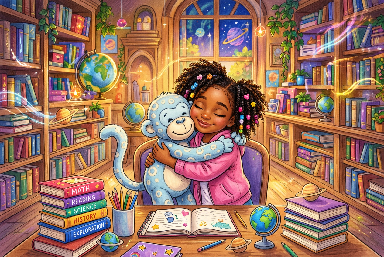 Cartoon Soledad hugging Monkey Bear in a magical library